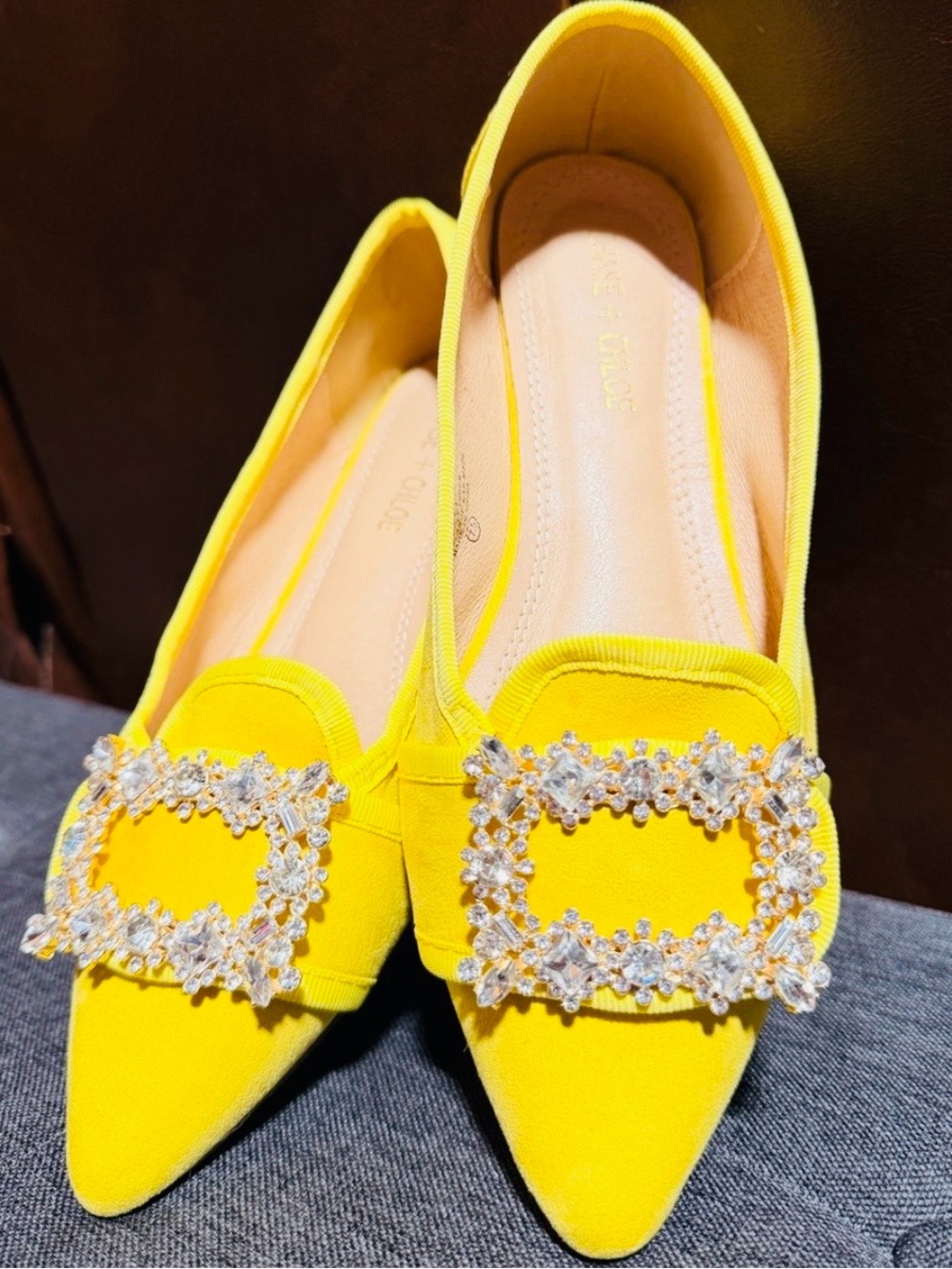 Chase + Chloe Yellow Jeweled Pointed Flats